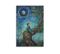 WXYZZB Stampa artistica da parete astratta minimalista su tela, poster surrealista per bambini con ragazzo seduto sull'albero sotto la luna e uccelli, decorazione per la casa, poster artistico, 40 x