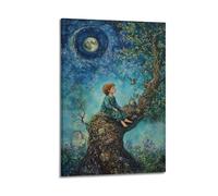 WXYZZB Stampa artistica da parete astratta minimalista su tela, poster surrealista per bambini con ragazzo seduto sull'albero sotto la luna e uccelli, decorazione per la casa, poster artistico, 40 x