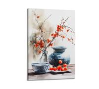 WXYZZB Stampa artistica da parete su tela astratta minimalista, poster botanico ad acquerello, con vaso e fiori rossi vivaci, decorazione per la casa, poster 40 x 60 cm