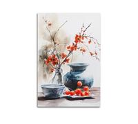 WXYZZB Stampa artistica da parete su tela astratta minimalista, poster botanico ad acquerello, con vaso e fiori rossi vivaci, decorazione per la casa, poster 60 x 90 cm
