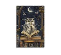 WXYZZB Stampa artistica da parete su tela astratta minimalista - Poster surrealista con animali, gufo, libro di lettura sotto il cielo illuminato dalla luna, decorazione per la casa, poster 40 x 60 cm