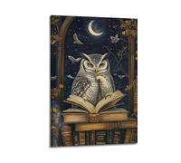 WXYZZB Stampa artistica da parete su tela astratta minimalista - Poster surrealista con animali, gufo, libro di lettura sotto il cielo illuminato dalla luna, decorazione per la casa, poster 50 x 75 cm