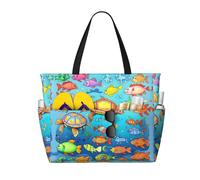 WXZYFP Tartaruga e pesce È una borsa da viaggio da spiaggia di grande capacità realizzata in 100% poliestere e ha 7 tasche che possono contenere molti articoli., Nero, Taglia unica