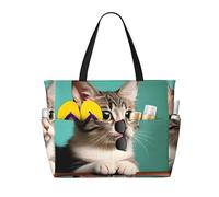 WXZYFP Un gatto curioso È una borsa da viaggio da spiaggia di grande capacità realizzata in 100% poliestere e ha 7 tasche che possono contenere molti articoli., Nero, Taglia unica