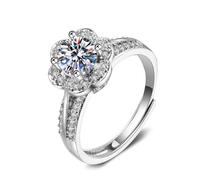 Wycian Anello da donna in oro bianco 9 carati diamante da laboratorio elegante fiore 4 denti rotondo 1 ct zirconi 6.5 mm misura 45 (14.3) moderno per la laurea, 14 (17,2), Oro bianco 9 K, Diamante da