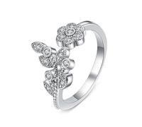 Wycian Anello di fidanzamento vintage da donna, in oro bianco 14 carati, in argento bianco 14 carati, con petali di fiori, con zirconi, misura 45 (14,3), moderno, per lesbiche, Capodanno