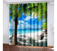 Wycian Brezza Bise Tenda Tenda da Cucina Occhiello Blu Verde Marrone 2 Pezzi Poliestere Paesaggio Palme Mare 214L X 229H Cm Classico Moderno Aggiornamento 3.0