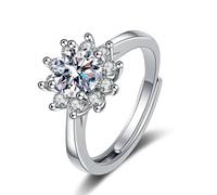 Wycian Fedi nuziali con incisione, anello di fidanzamento da donna in oro bianco 14 carati, in argento bianco 14 carati, moissanite fiore con zirconi, misura 45 (14,3), moderno, per donna, incisione