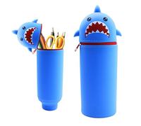 Wydexint Kawaii Astuccio Scuola 2 in 1 in Morbido Silicone, Portapenne da Tavolo, Astuccio 2 In 1 con Cerniera, silicone morbido 2 in 1 - astuccio carino per Scuola, Uffici (Squalo blu)