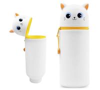 Wydexint Kawaii Astuccio Scuola 2 in 1 in Morbido Silicone, Portapenne da Tavolo, Astuccio 2 In 1 con Cerniera, silicone morbido 2 in 1 - astuccio carino per Scuola, Uffici (Gatto bianco)