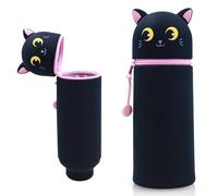 Wydexint Kawaii Astuccio Scuola 2 in 1 in Morbido Silicone, Portapenne da Tavolo, Astuccio 2 In 1 con Cerniera, silicone morbido 2 in 1 - astuccio carino per Scuola, Uffici (Gatto nero)