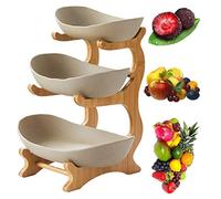 WYFFF Fruit Bowl/Fruit Basket/Fruit Stand/portafrutta a 3 Strati (Mensola in bambù * 1, Ciotola in Ceramica * 3), Cesto di Frutta con Decorazione da tavola, utilizzato per Frutta, Pane, (Marrone)