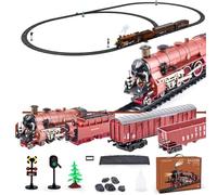 WYFTOY Modello a trazione elettrica, in lega, set di treni elettrici con locomotiva, vari vagoni e binari lunghi, luci ed effetti sonori, regalo per gli appassionati di ferrovie (modello 22918/rosso)