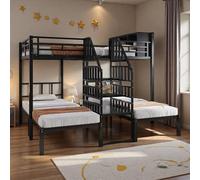Wyibwy Letto a soppalco 3 posti (2*90x200 e 1*140x200), letto a castello superiore con contenitore, metallo struttura del letto per bambini con scale con ringhiere, barriere, senza materasso, nero