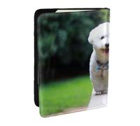 Wykjtwo Bichon Frise Bokeh Animali Cani Parco Cani bianchi, Porta passaporto da viaggio in pelle PU Custodia per passaporto Copertine per passaporto da 6,5 pollici