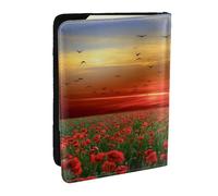 Wykjtwo Campo Di Fiori Di Papavero Rosso Nel Tramonto Stampato, Porta passaporto da viaggio in pelle PU Custodia per passaporto Copertine per passaporto da 6,5 pollici