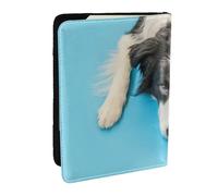 Wykjtwo Divertente cucciolo di cane Border Collie sfondo blu, Porta passaporto da viaggio in pelle PU Custodia per passaporto Copertine per passaporto da 6,5 pollici