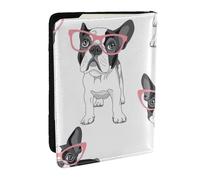 Wykjtwo Frenchie nero Cartoon Bulldog francese Occhiali rosa Cane bianco, Porta passaporto da viaggio in pelle PU Custodia per passaporto Copertine per passaporto da 6,5 pollici