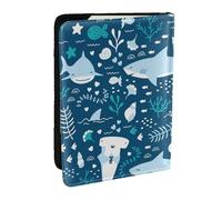 Wykjtwo Sorridente squalo animali marini pesci stelle marine blu, Porta passaporto da viaggio in pelle PU Custodia per passaporto Copertine per passaporto da 6,5 pollici