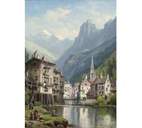 WYKUJMYTO Dipinti Famosi Stampa su Tela Astratto Mural Dipinto Pescando davanti a una città sul lago di Charles Euphrasie Kuwasseg Jr. Per la Decorazione del Soggiorno 60x90cm