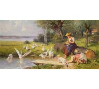 WYKUJMYTO Dipinti Famosi Stampe Artistiche su Tela Olio Dipinto su Tela Madre e bambino con oche di Adolf Ernst Meissner Per la Decorazione della Camera da Letto 60x90cm