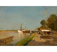 WYKUJMYTO Dipinto su Tela Classico Stampe Immagine Stampe Pittura la stazione dei battelli a vapore sul Danubio di fronte a Kaisermühlen di Emil Jakob Schindler Per la Decorazione dell'ufficio 60x90cm