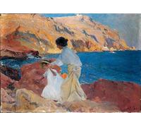 WYKUJMYTO Famoso Quadri Moderni Artistico Poster Clotilde ed Elena sugli scogli Javea di Joaquín Sorolla Per la Decorazione Domestica 60x90cm