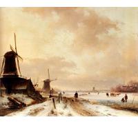 WYKUJMYTO Tela da Arte Stampe Arte Quadro Inverno: un cacciatore che passa Woodmills su una pista innevata Pattinatori su un fiume oltre Schelfhout Per la Decorazione Murale 60x90cm