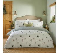 Wylder Nature Copripiumino Robin's Return - Biancheria da letto reversibile in cotone spazzolato effetto bosco con pettirossi dipinti a mano (crema/pino - matrimoniale)
