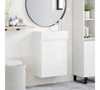 Wynira Mobile sottolavabo da bagno, bianco lucido, con lavabo in ceramica e rubinetto miscelatore, mobile da bagno salvaspazio, pensile con vano portaoggetti, porta reversibile, montaggio a parete