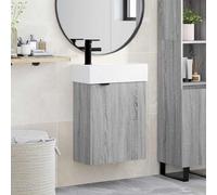 Wynira Mobile sottolavabo da bagno grigio Sonoma con lavabo e miscelatore nero, in legno con vano portaoggetti, porta reversibile, montaggio a parete per ospiti WC e bagno