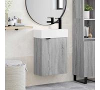 Wynira Mobile sottolavabo da bagno grigio Sonoma con lavabo e miscelatore nero, in legno con vano portaoggetti, montaggio a parete, porta reversibile