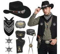 Wynlora Set di accessori per costume da cowboy occidentale, 8 pezzi, cappello da cowboy selvaggio West con bandana Paisley, fondina, cintura, collana e distintivo dello sceriffo, per feste a tema da