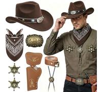 Wynlora Set di accessori per costume da cowboy occidentale, 8 pezzi, cappello da cowboy selvaggio West con bandana Paisley fondina, cintura, collana e distintivo dello sceriffo, per feste a tema