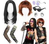 Wynlora Set di costumi da rock star, gotico punk, accessori per travestimenti, include parrucche, tatuaggi, maniche, occhiali da sole, collana a croce, anelli, per uomini e donne, Halloween, festival