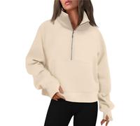 WYNNQUE Pullover da donna con cerniera a quarto felpe oversize in pile corto con mezza zip felpe con cappuccio vestiti autunnali maglioni foro per il pollice albicocca M