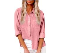 Wyongtao Donna Camicetta in Lino Cotone Estive Elegante A Maniche Lunghe Magliette Casual Bluse Maglie Scollo A V Camicia T Shirt Tops A Bottoni Lavoro Ufficio 2024