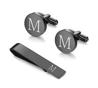 WYRGQIQN 2 Pezzi Gemelli per polsini camicia da uomo, Nero Iniziale Gemelli e Tie Clip Set, Gemelli Uomo per Il Padre Marito