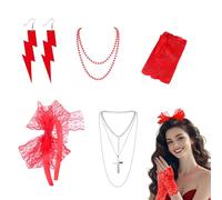 WYRGQIQN Accessori per Costumi Anni '80,Accessori costume anni '80 donna + set accessori retrò + fascia guanti orecchini collana + 5 pezzi + taglia unica + rosso e argento