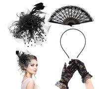 WYRGQIQN Affascinante Fascia per Capelli da Donna con Piume e Rete,Guanti Neri Lunghi da Donna in Pizzo,Ventilatore in pizzo nero- Guanti Pizzo Nero Moda e Eleganza per ogni Occasione