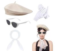 WYRGQIQN Anni '50 Costume Accessori,Accessori Anni 50 Donna Set Vintage Elegante Completo 4 Pezzi Berretto Beige + Occhiali da Sole Bianchi + Foulard 60cm + Guanti Bianchi 56-58cm