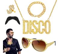 WYRGQIQN Costumi Carnevale Uomo - Kit di Accessori Uomo Anni '70 - Schlager Outfit Herren Anni '70 con Abbigliamento da Discoteca e Occhiali Anni '70