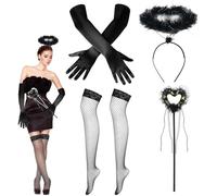 WYRGQIQN Guanti Neri Lunghi Donna - Accessori Anni Donna con Aureola Angelo e Costume Angelo-Set da Festa Perfetto per Le Donne,Cerchietti Angelo del Diavolo