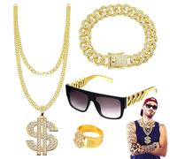 WYRGQIQN Rapper Costume Hip Hop Accessori, Rapper Accessori 5 Pezzi Set, Gangster Gioielli Rapper 80/90, Simbolo del Dollaro, Collana D'oro, Occhiali da Sole, per Costume da Carnevale Festa