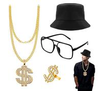 WYRGQIQN Set di gioielli Hip Hop - Collana con pendente da 1 dollaro, anello, occhiali a montatura nera e berretto da pescatore - Stile rapper perfetto, collana da uomo in oro