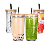 WYSRJ 4 tazze riutilizzabili Boba tazza da tè bolla, 708,7 g a bocca larga con coperchio e cannucce, bicchieri in vetro a tenuta stagna, per caffè ghiacciato, grandi succhi di perle