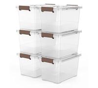 WYT Confezione da 6 contenitori trasparenti da 7 litri, in plastica, impilabili, con manico marrone e coperchio, multiuso, 7 litri