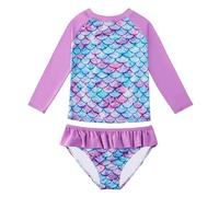 WYTbaby Costume da Bagno Ragazze 2 Pezzi con Volant, Sirena Manica Lunga Costume Piscina Bambina Anti-UV UPF 50+ Set per Spiaggia, Piscina Rash Guard per Bambina 8-9 Anni