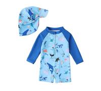 WYTbaby Costume intero da bagno per bambini, a maniche lunghe, con cappello da sole, Squalo blu, 3-6 Mesi