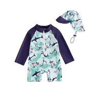 WYTbaby Costume intero da bagno per bambini, a maniche lunghe, con cappello da sole, Squalo blu navy, 12-18 Mesi